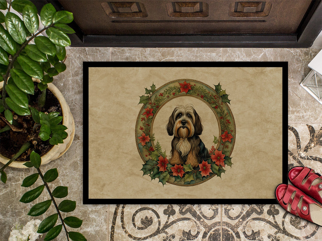 Tibetan Terrier Christmas Flowers Doormat Indoor Outdoor 18H X 27W Front Door Mat Rugs for Entryway, Non Slip Washable