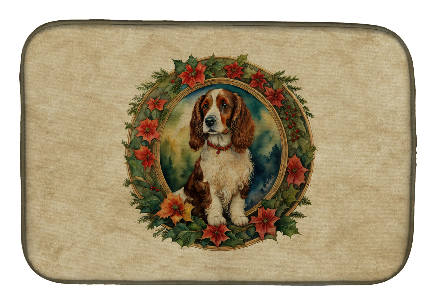 Welsh Springer Spaniel Christmas Flowers Dish Drying Mat Absorbent Dish Drying Mat Pad for Kitchen Counter Dish Drainer Mat for Countertop, 14 x 21", Multicolor