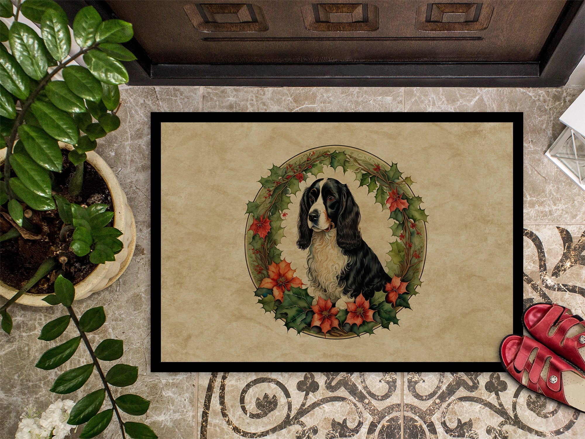 Welsh Springer Spaniel Christmas Flowers Doormat Indoor Outdoor 18H X 27W Front Door Mat Rugs for Entryway, Non Slip Washable
