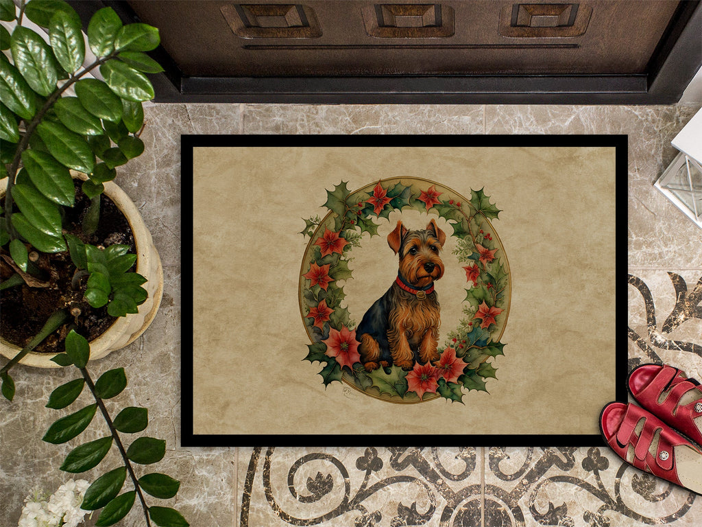 Welsh Terrier Christmas Flowers Doormat Indoor Outdoor 18H X 27W Front Door Mat Rugs for Entryway, Non Slip Washable