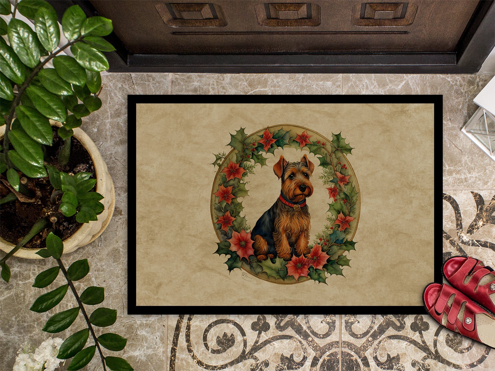 Welsh Terrier Christmas Flowers Doormat Indoor Outdoor 18H X 27W Front Door Mat Rugs for Entryway, Non Slip Washable