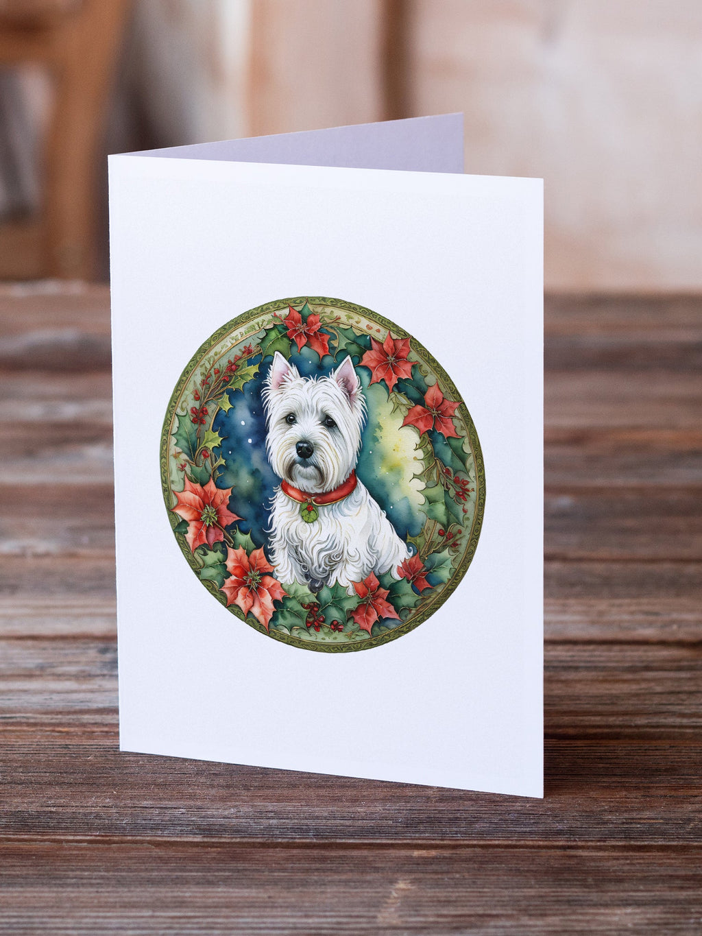 Westie Christmas Flowers Greeting Cards Pack of 8 Blank Cards with Envelopes Whimsical A7 Size 5x7