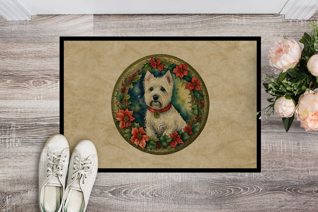 Westie Christmas Flowers Doormat Indoor Outdoor 24H X 36W Front Door Mat Rugs for Entryway, Non Slip Washable Low Pile,