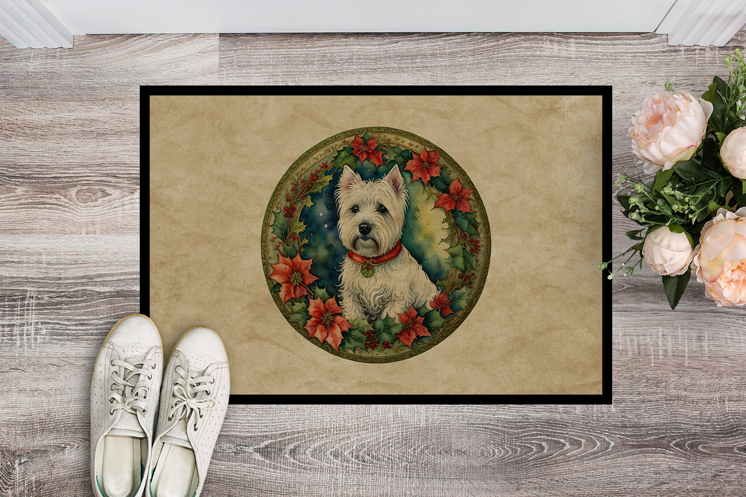 Westie Christmas Flowers Doormat Indoor Outdoor 24H X 36W Front Door Mat Rugs for Entryway, Non Slip Washable Low Pile,