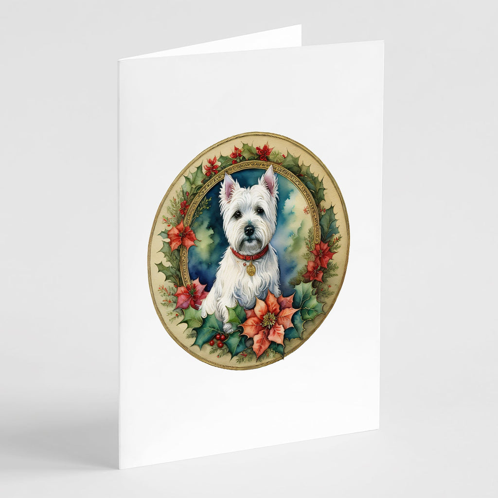 Westie Christmas Flowers Greeting Cards Pack of 8 Blank Cards with Envelopes Whimsical A7 Size 5x7