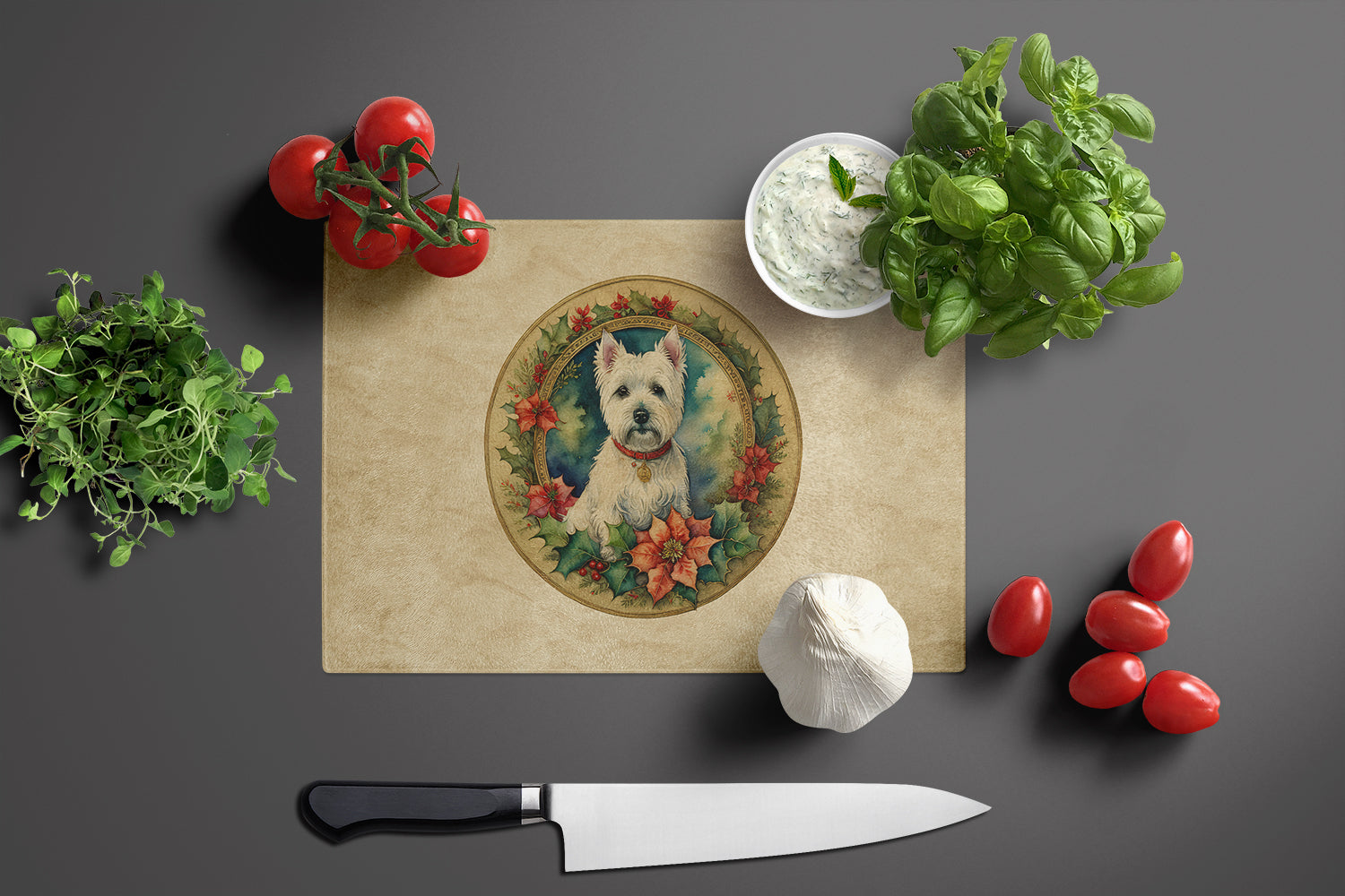 Westie Christmas Flowers Cutting Board Tempered Glass Kitchen Cutting Surface, Heat Resistant Chopping, Non-Slip Feet, Food Prep & Serving