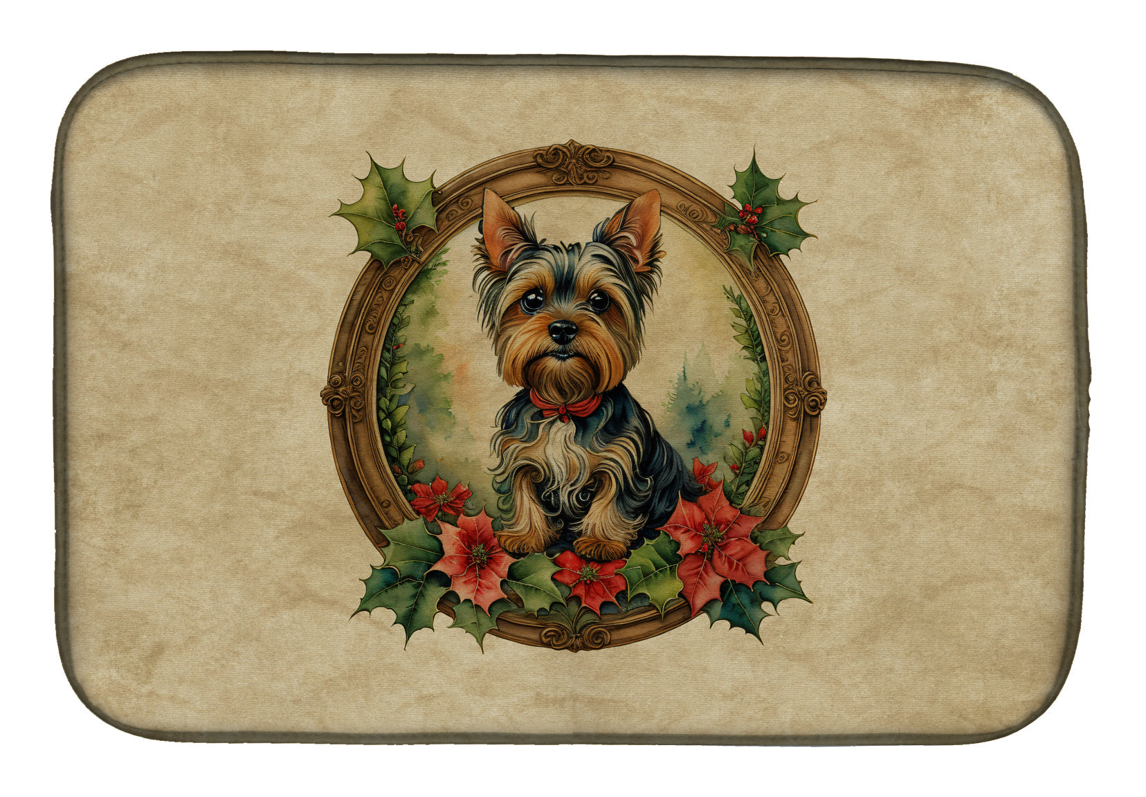 Yorkie Christmas Flowers Dish Drying Mat Absorbent Dish Drying Mat Pad for Kitchen Counter Dish Drainer Mat for Countertop, 14 x 21", Multicolor