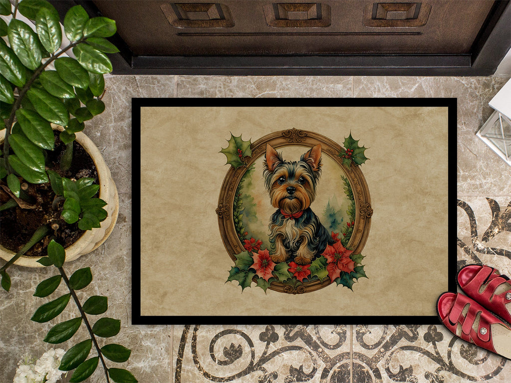 Yorkie Christmas Flowers Doormat Indoor Outdoor 24H X 36W Front Door Mat Rugs for Entryway, Non Slip Washable Low Pile,