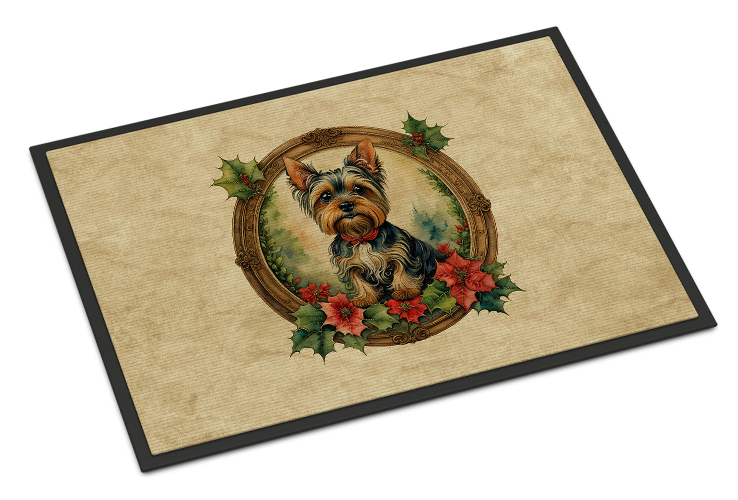 Yorkie Christmas Flowers Doormat Indoor Outdoor 18H X 27W Front Door Mat Rugs for Entryway, Non Slip Washable
