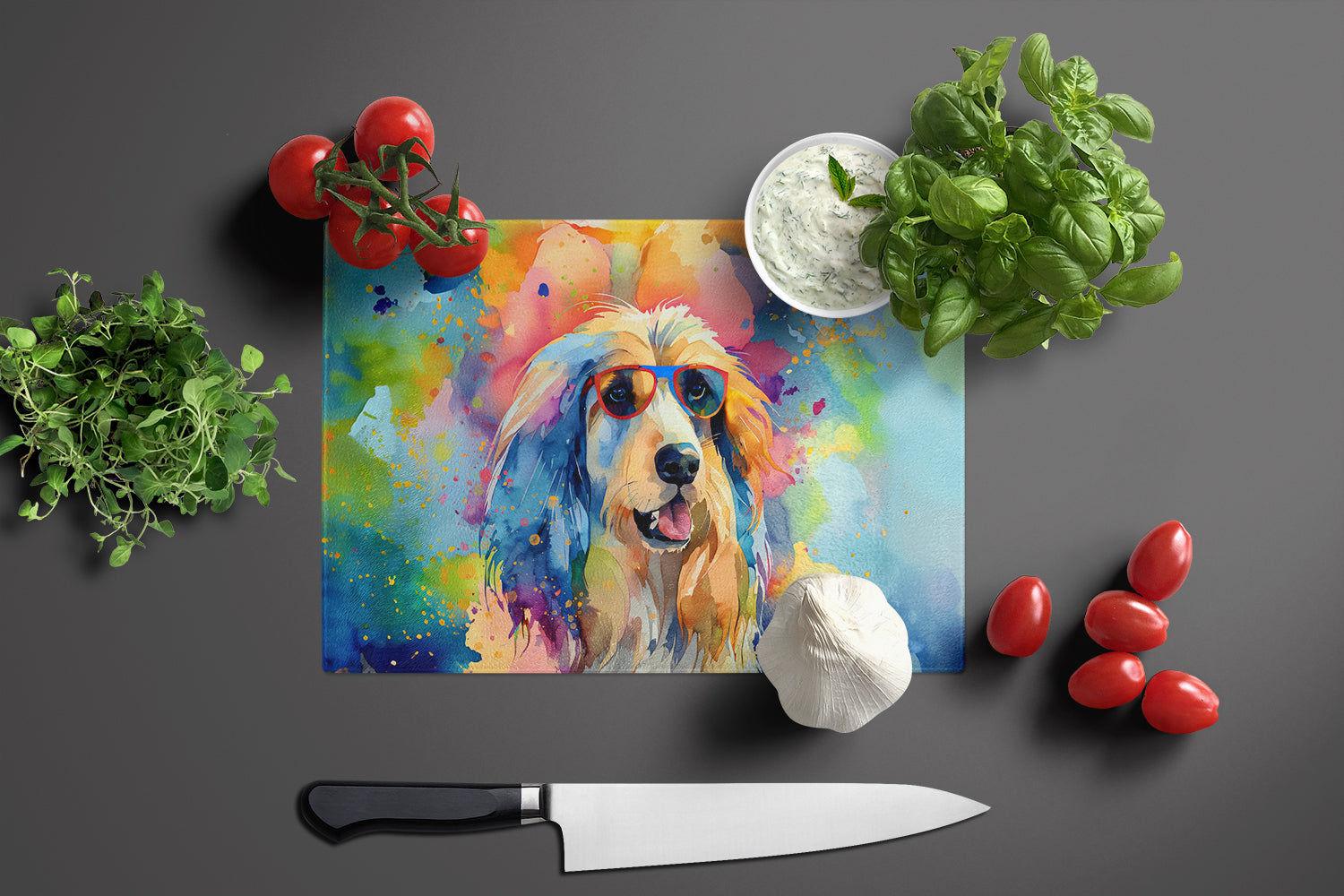 Afghan Hound Hippie Dawg Cutting Board Tempered Glass Kitchen Cutting Surface, Heat Resistant Chopping, Non-Slip Feet, Food Prep & Serving