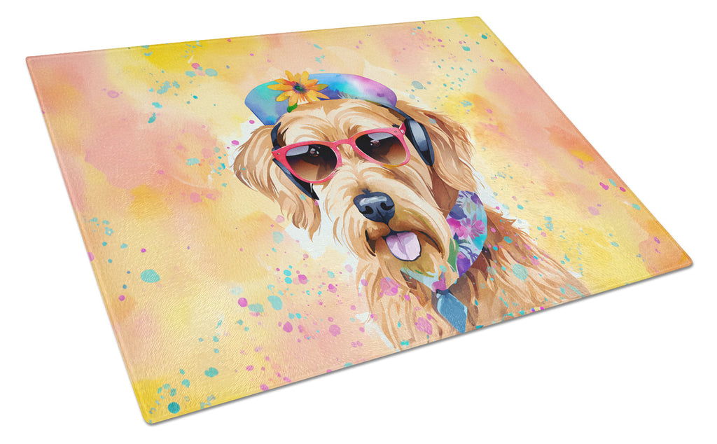 Airedale Terrier Hippie Dawg Cutting Board Tempered Glass Kitchen Cutting Surface, Heat Resistant Chopping, Non-Slip Feet, Food Prep & Serving