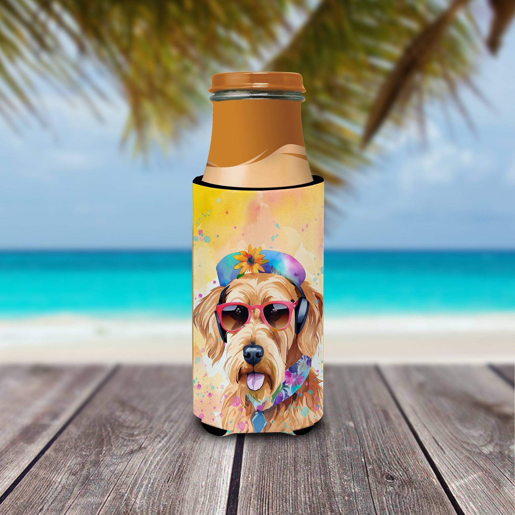 Airedale Terrier Hippie Dawg Slim Can Hugger , Insulated Foam Hugger for 12 oz Slim Cans, Beer Bottles & Water Bottles, Printed in USA