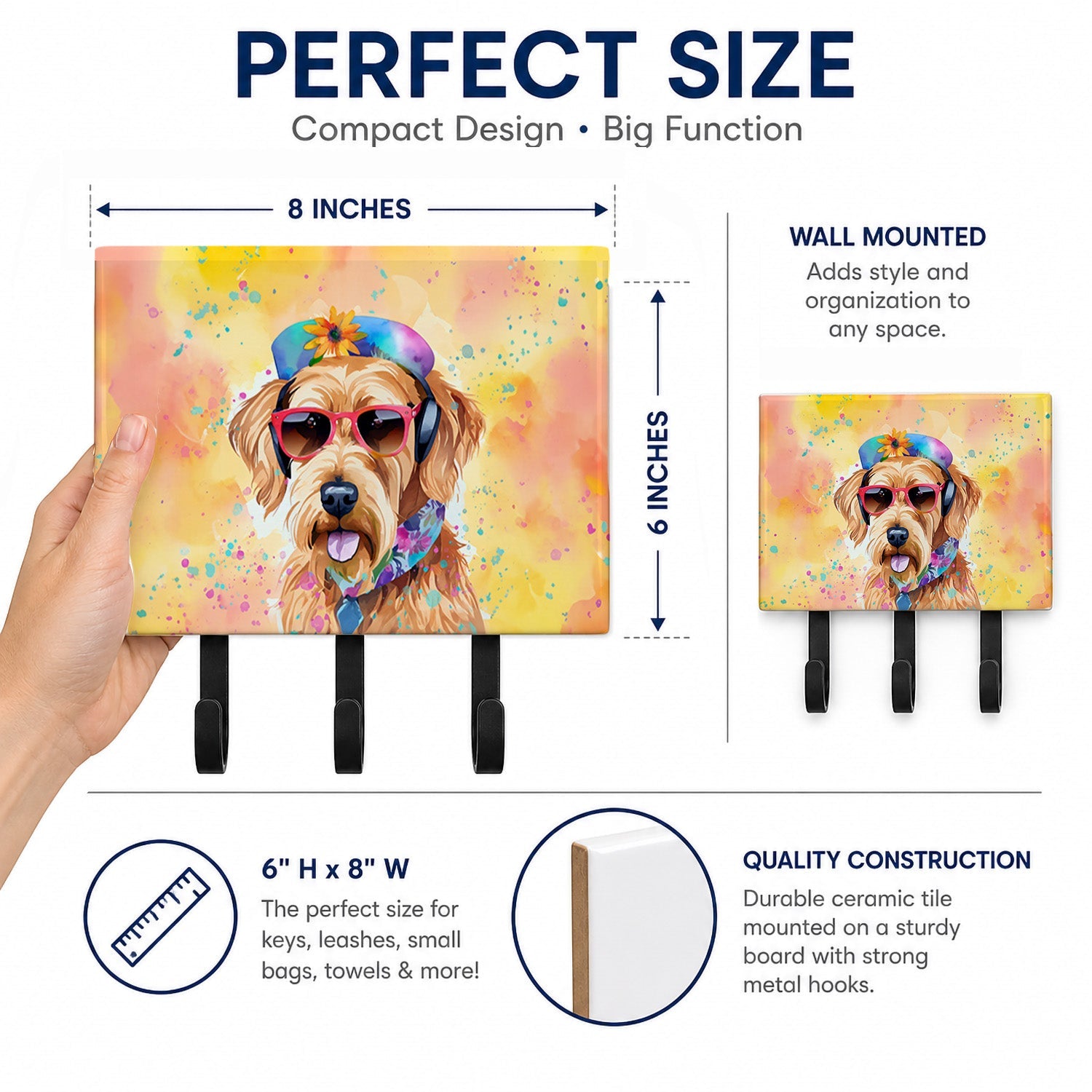 Airedale Terrier Hippie Dawg Leash or Key Holder Wall Hooks, Coat Rack Wall Mount, for Hanging Keys, Towels, Aprons, Leashes