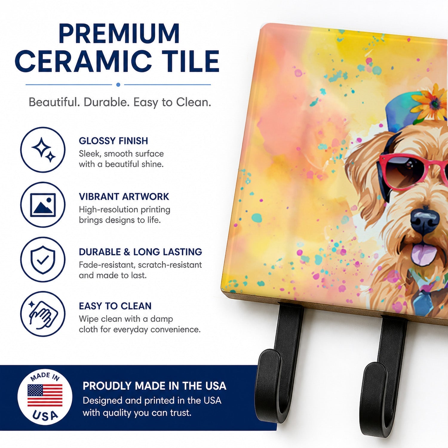Airedale Terrier Hippie Dawg Leash or Key Holder Wall Hooks, Coat Rack Wall Mount, for Hanging Keys, Towels, Aprons, Leashes
