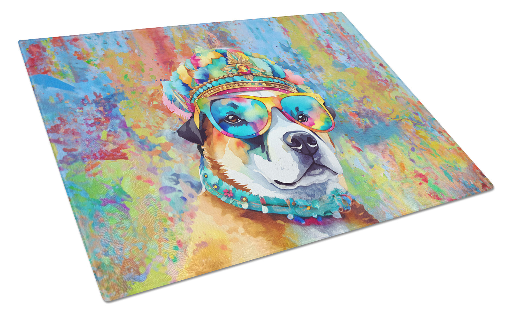 Akita Hippie Dawg Cutting Board Tempered Glass Kitchen Cutting Surface, Heat Resistant Chopping, Non-Slip Feet, Food Prep & Serving