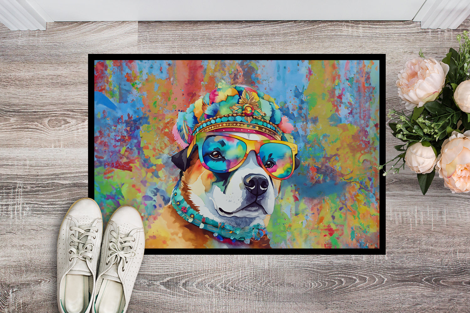 Akita Hippie Dawg Doormat Indoor Outdoor 18H X 27W Front Door Mat Rugs for Entryway, Non Slip Washable
