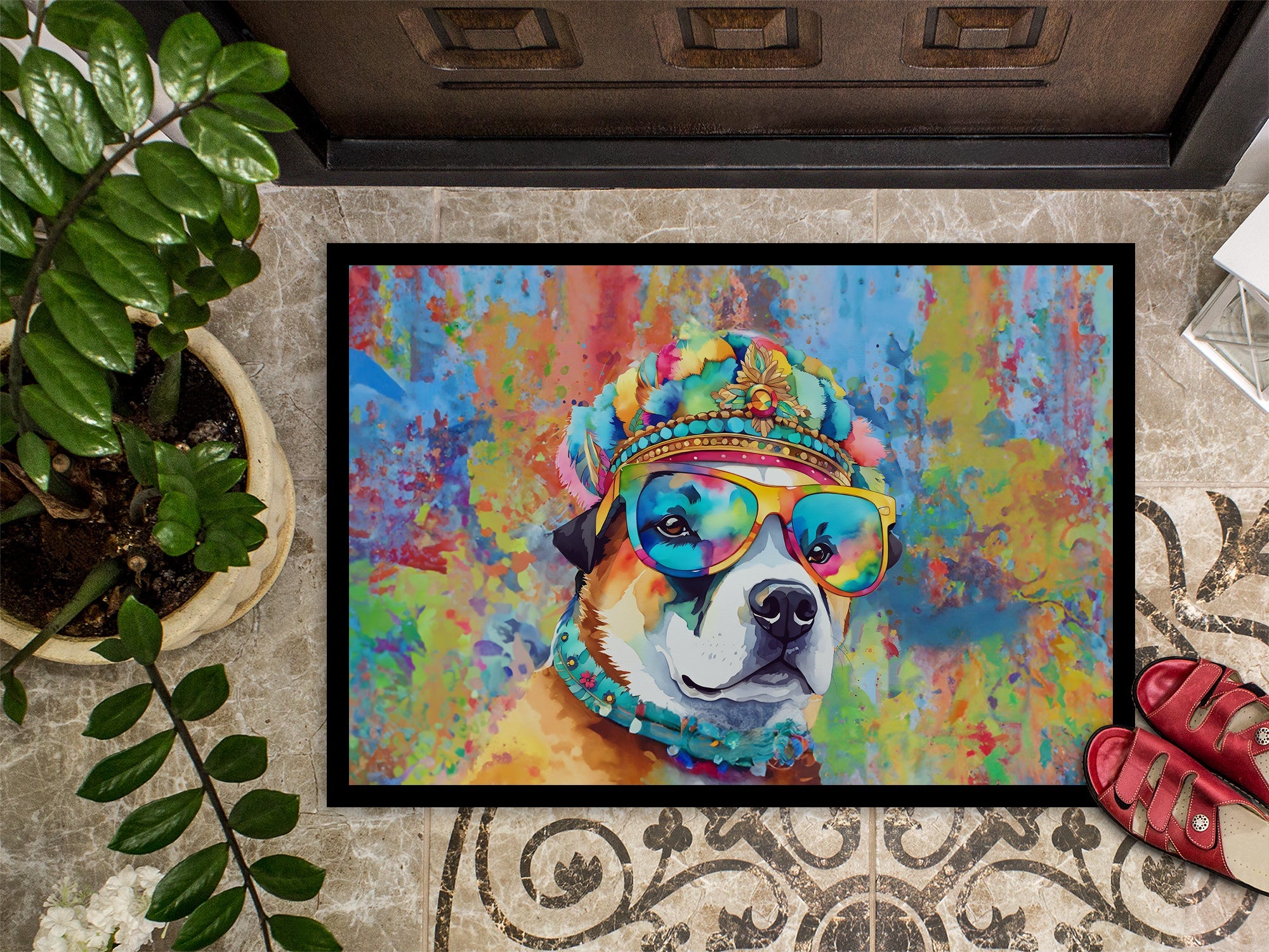 Akita Hippie Dawg Doormat Indoor Outdoor 18H X 27W Front Door Mat Rugs for Entryway, Non Slip Washable