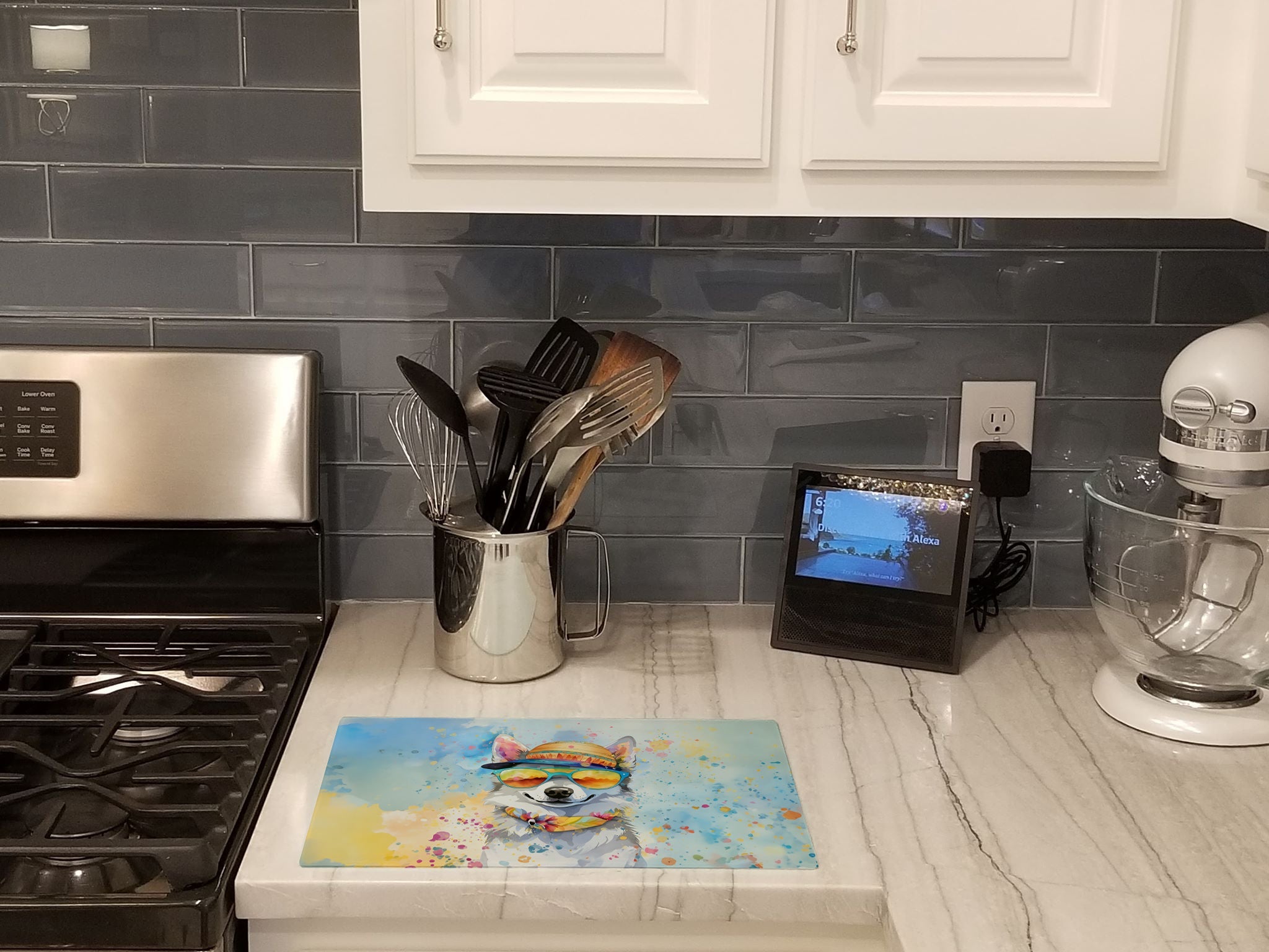 Alaskan Klee Kai Hippie Dawg Cutting Board Tempered Glass Kitchen Cutting Surface, Heat Resistant Chopping, Non-Slip Feet, Food Prep & Serving