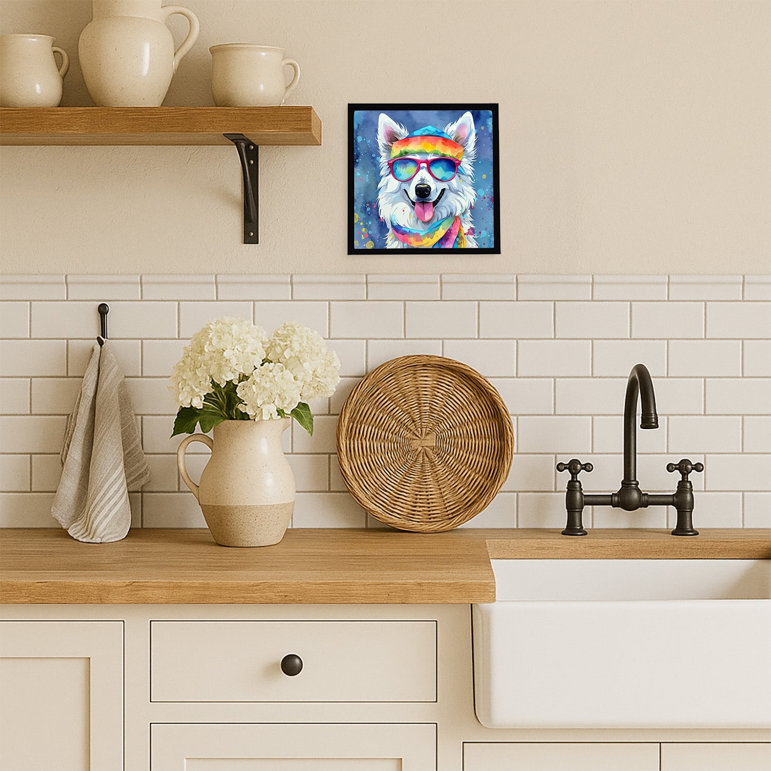 American Eskimo Hippie Dawg Framed Metal Print Bathroom, Kitchen, Office, Home Decor Wall Art Ready to Hang, Square, 8X8