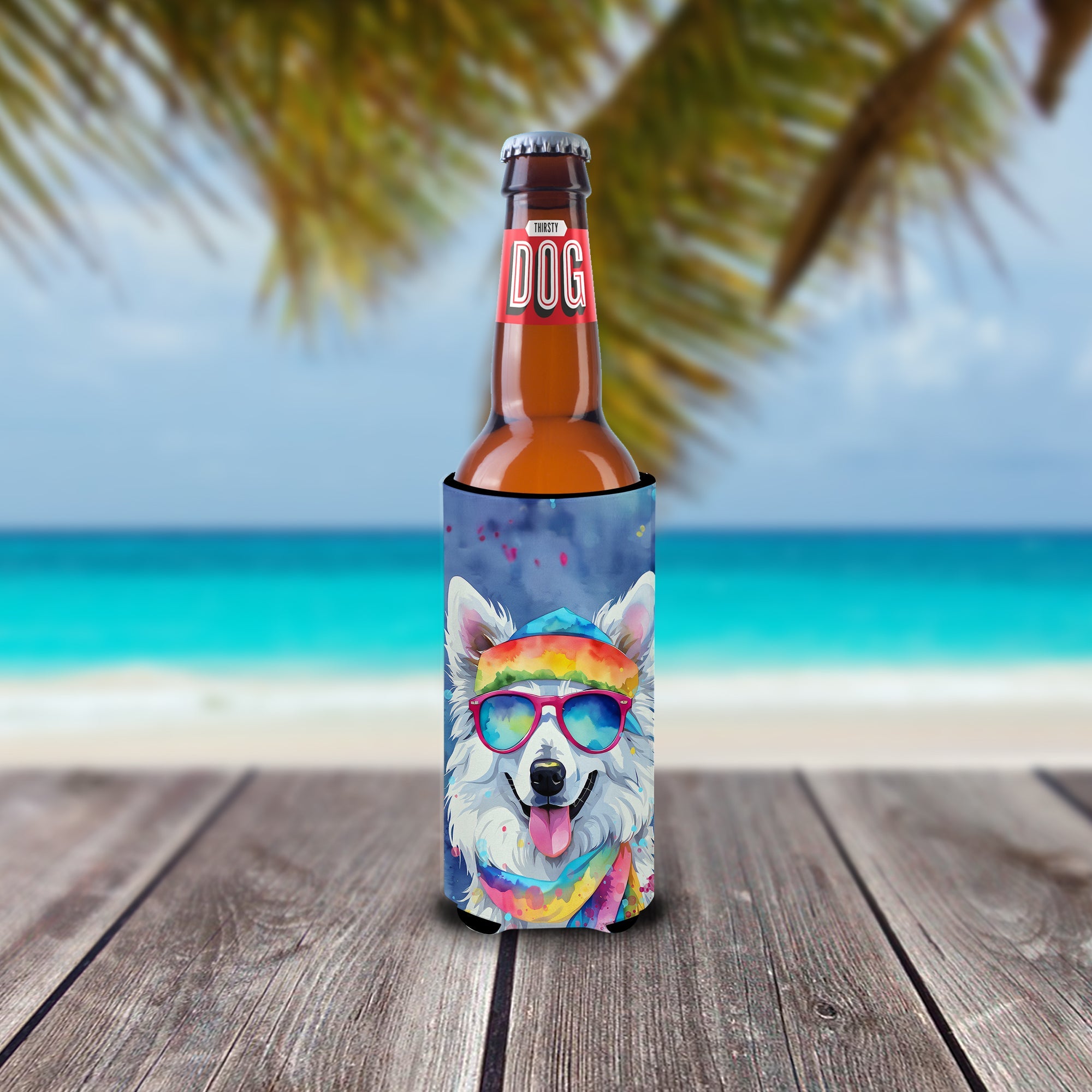 American Eskimo Hippie Dawg Slim Can Hugger , Insulated Foam Hugger for 12 oz Slim Cans, Beer Bottles & Water Bottles, Printed in USA