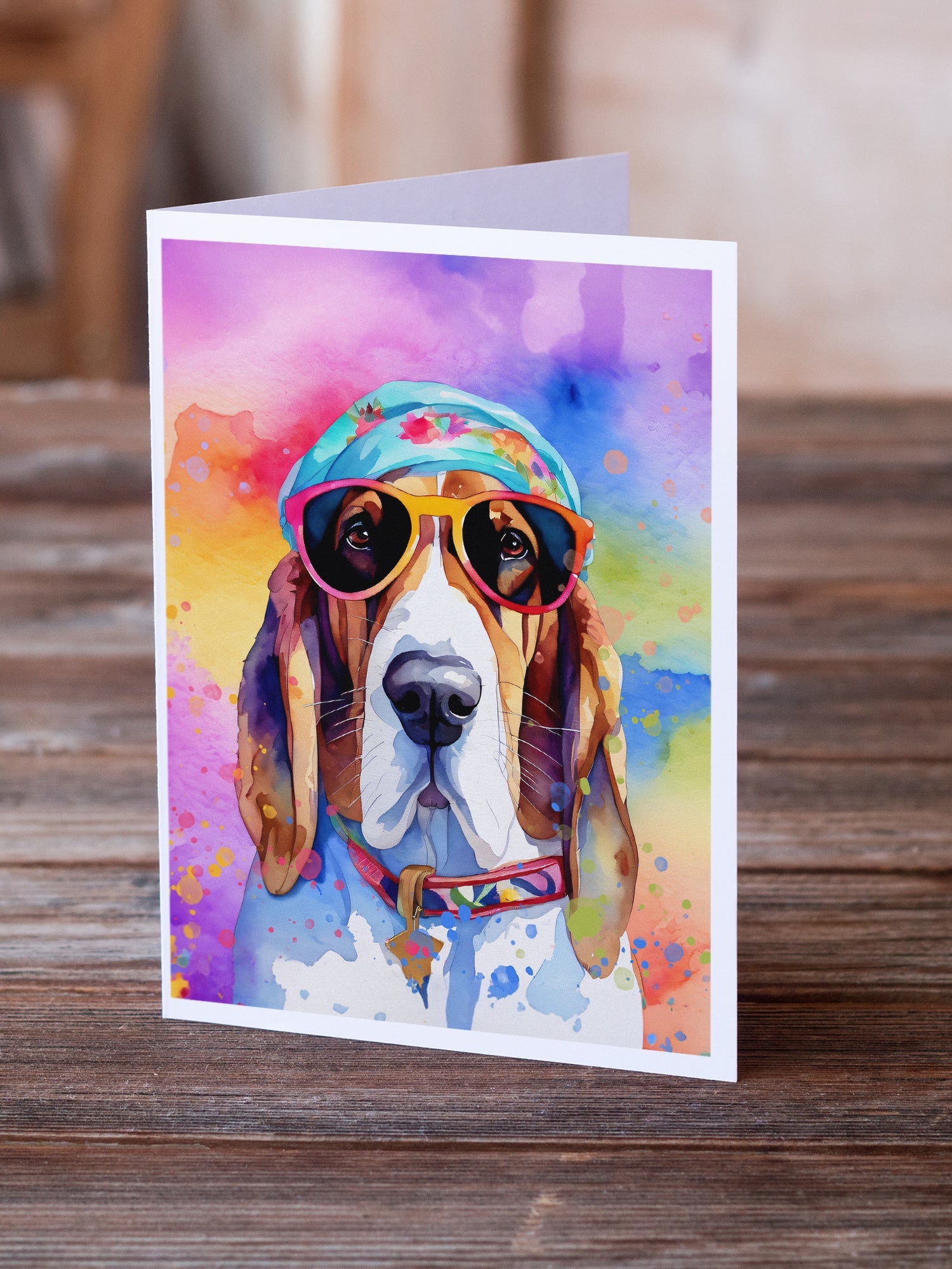 Basset Hound Hippie Dawg Greeting Cards Pack of 8 Blank Cards with Envelopes Whimsical A7 Size 5x7