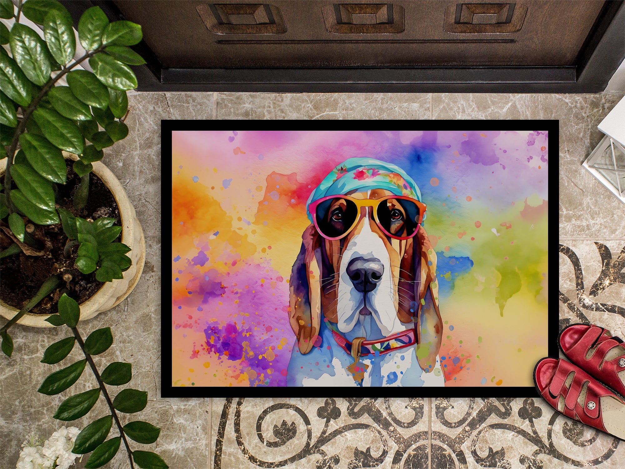 Basset Hound Hippie Dawg Doormat Indoor Outdoor 18H X 27W Front Door Mat Rugs for Entryway, Non Slip Washable