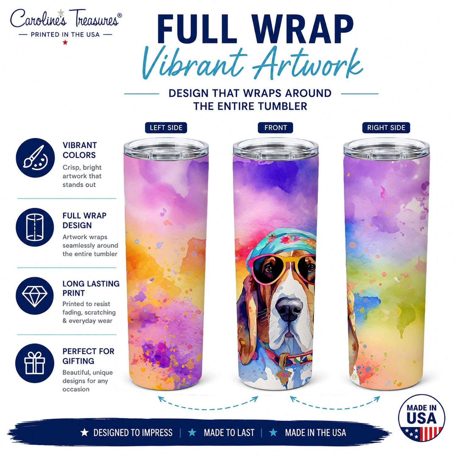 Basset Hound Hippie Dawg Stainless Steel Skinny Tumbler 20 oz Vacuum Double Walled Reusable Insulated Travel Cup