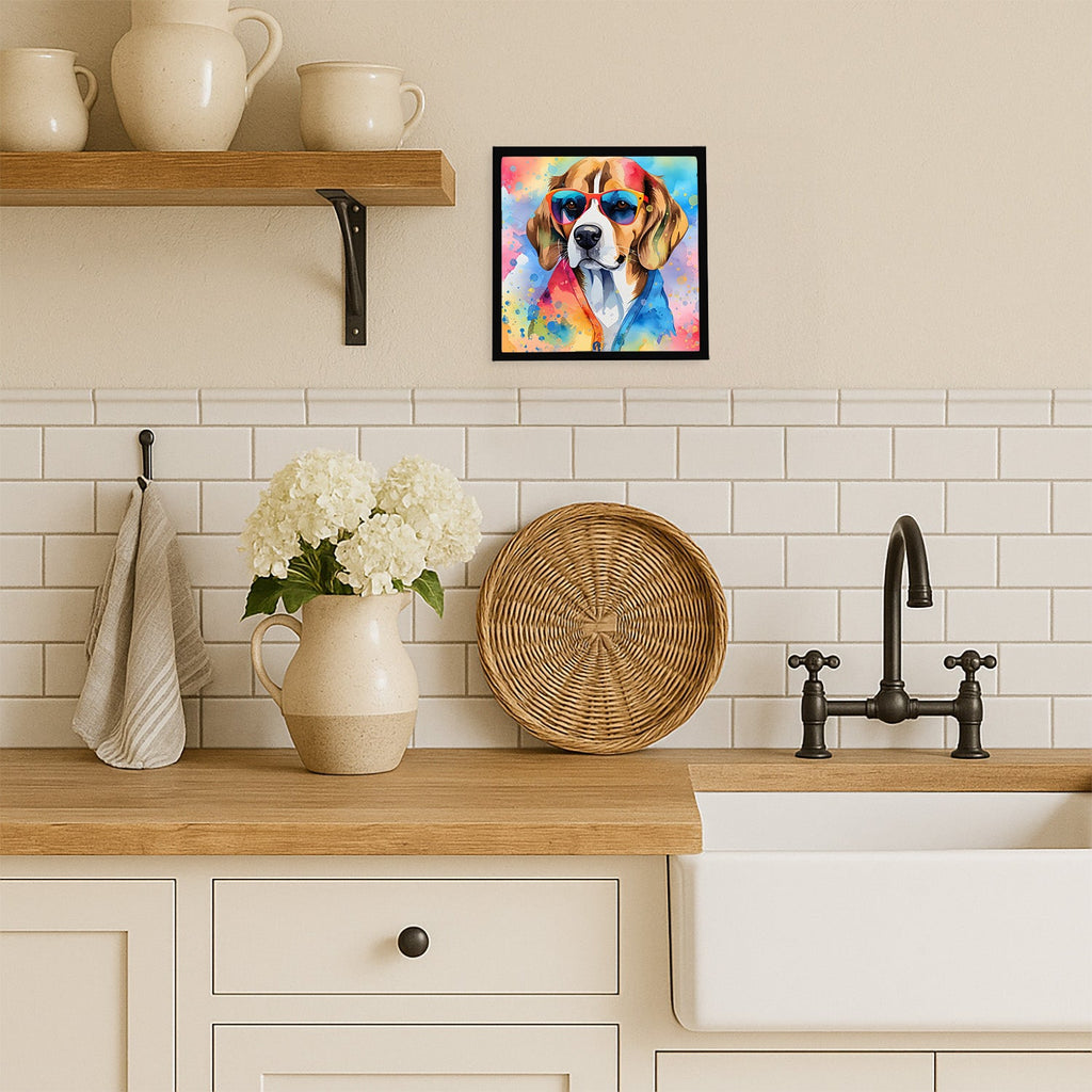 Beagle Hippie Dawg Framed Metal Print Bathroom, Kitchen, Office, Home Decor Wall Art Ready to Hang, Square, 8X8