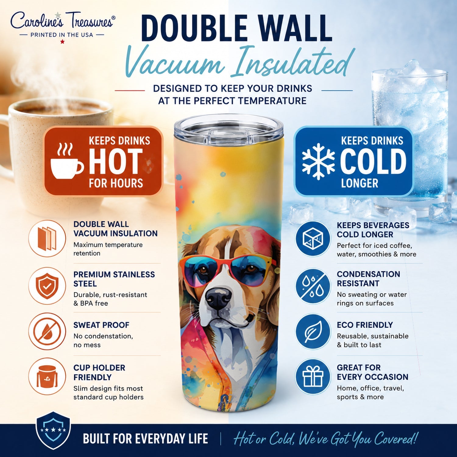 Beagle Hippie Dawg Stainless Steel Skinny Tumbler 20 oz Vacuum Double Walled Reusable Insulated Travel Cup
