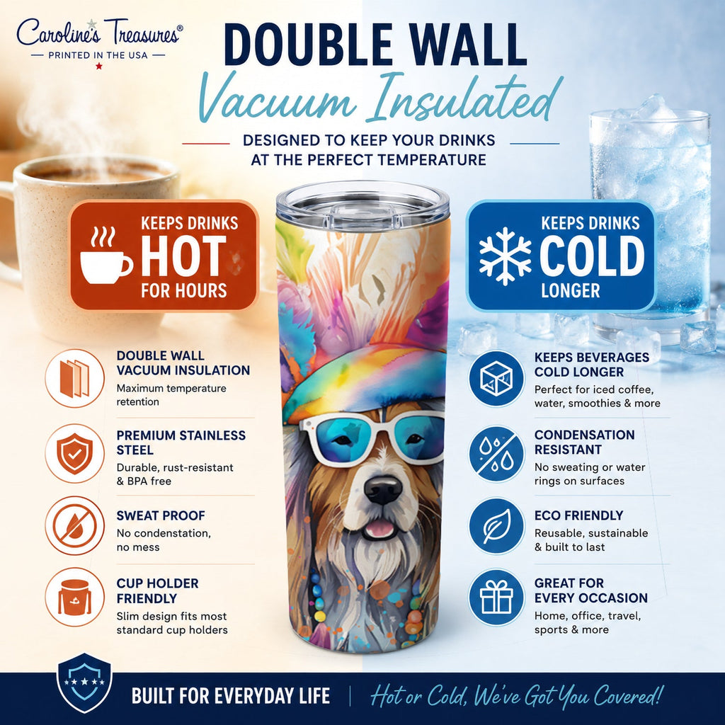 Bearded Collie Hippie Dawg Stainless Steel Skinny Tumbler 20 oz Vacuum Double Walled Reusable Insulated Travel Cup