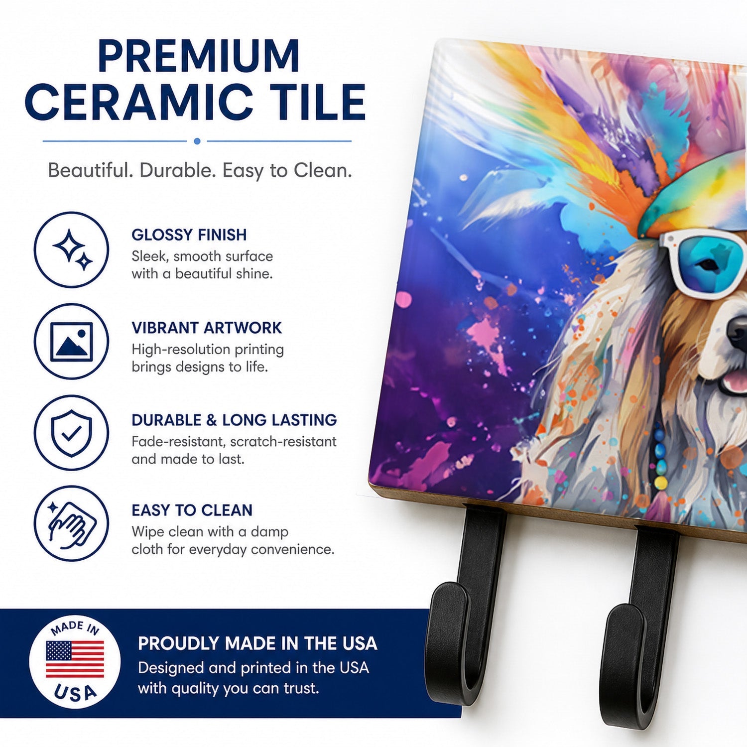 Bearded Collie Hippie Dawg Leash or Key Holder Wall Hooks, Coat Rack Wall Mount, for Hanging Keys, Towels, Aprons, Leashes