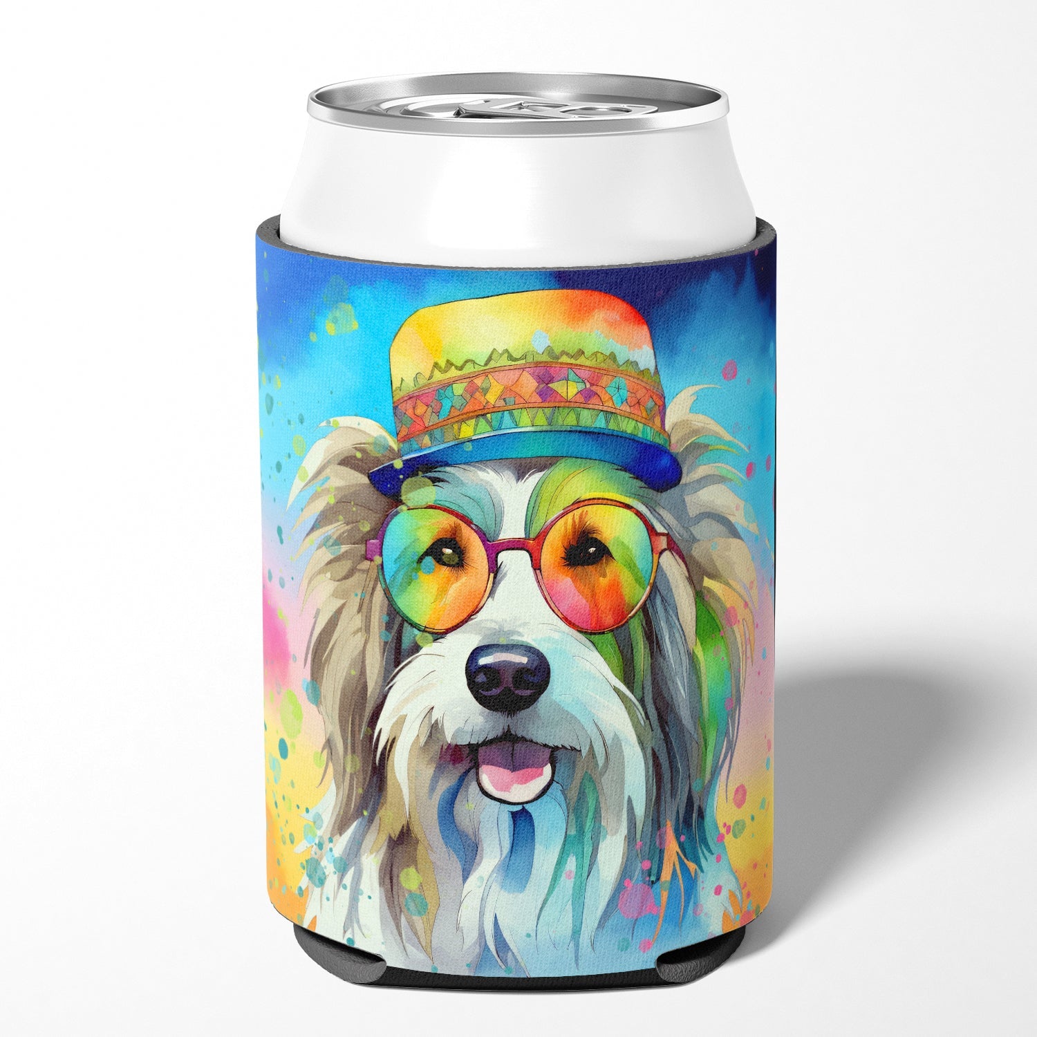 Bearded Collie Hippie Dawg Can or Bottle Hugger Cooler Sleeve for Standard 12 oz Cans, Insulated Foam Beer & Soda Can Hugger Reusable