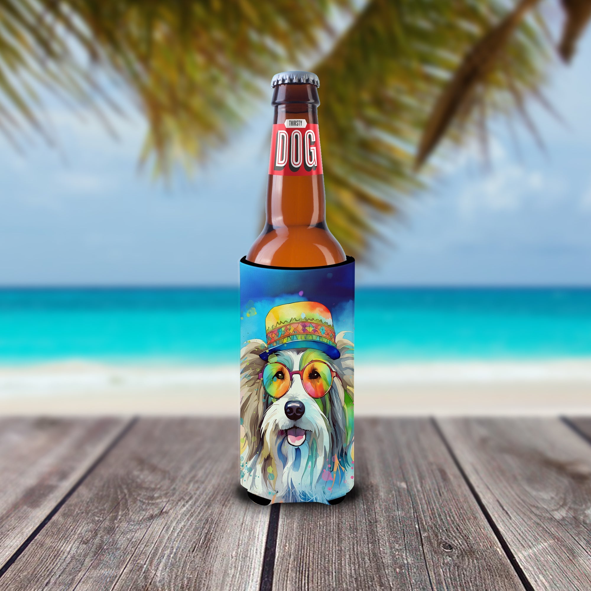 Bearded Collie Hippie Dawg Slim Can Hugger , Insulated Foam Hugger for 12 oz Slim Cans, Beer Bottles & Water Bottles, Printed in USA