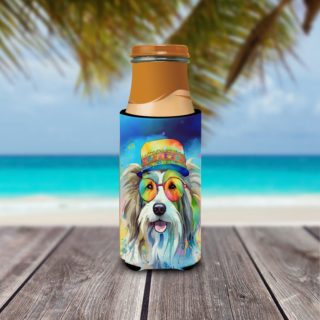 Bearded Collie Hippie Dawg Slim Can Hugger , Insulated Foam Hugger for 12 oz Slim Cans, Beer Bottles & Water Bottles, Printed in USA