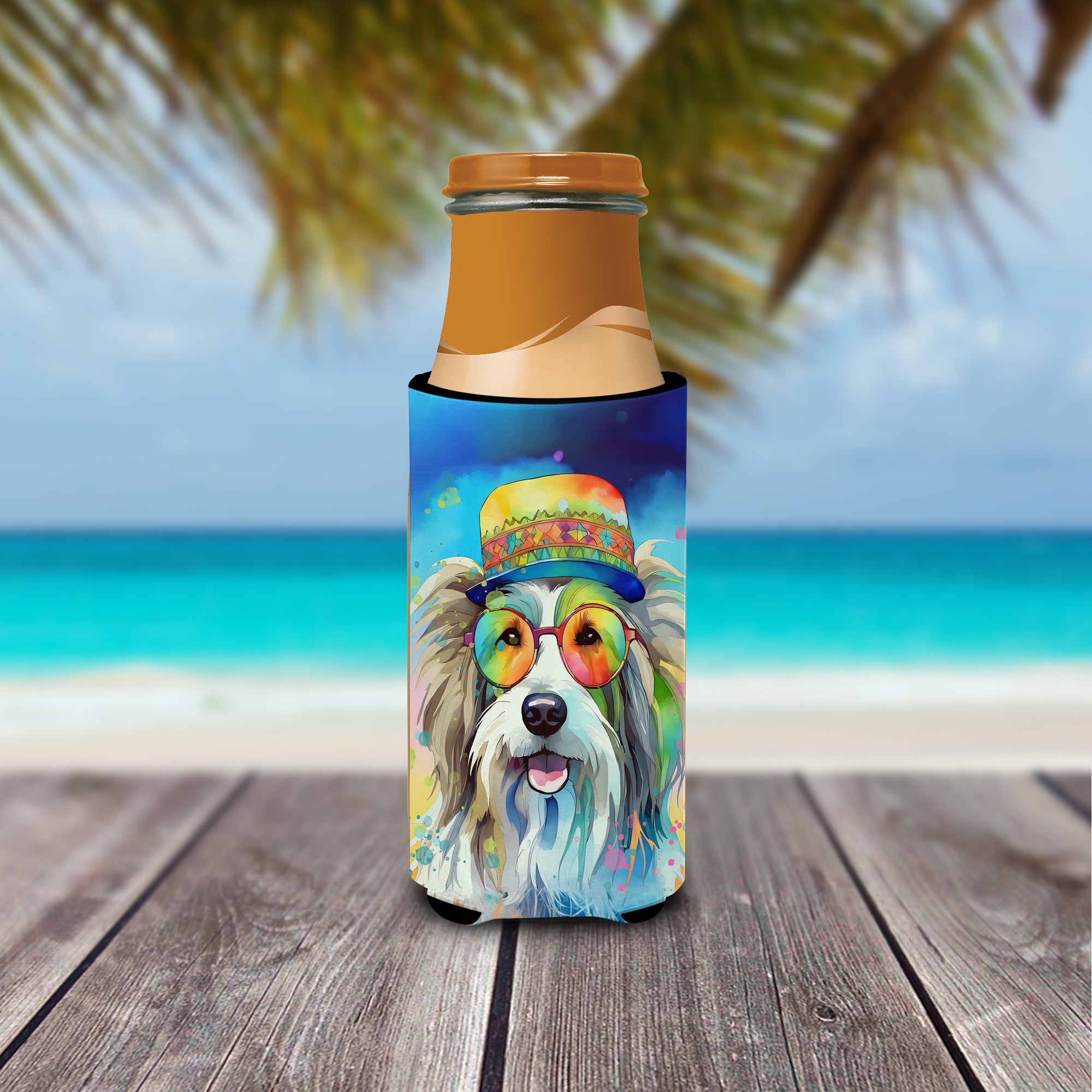 Bearded Collie Hippie Dawg Slim Can Hugger , Insulated Foam Hugger for 12 oz Slim Cans, Beer Bottles & Water Bottles, Printed in USA