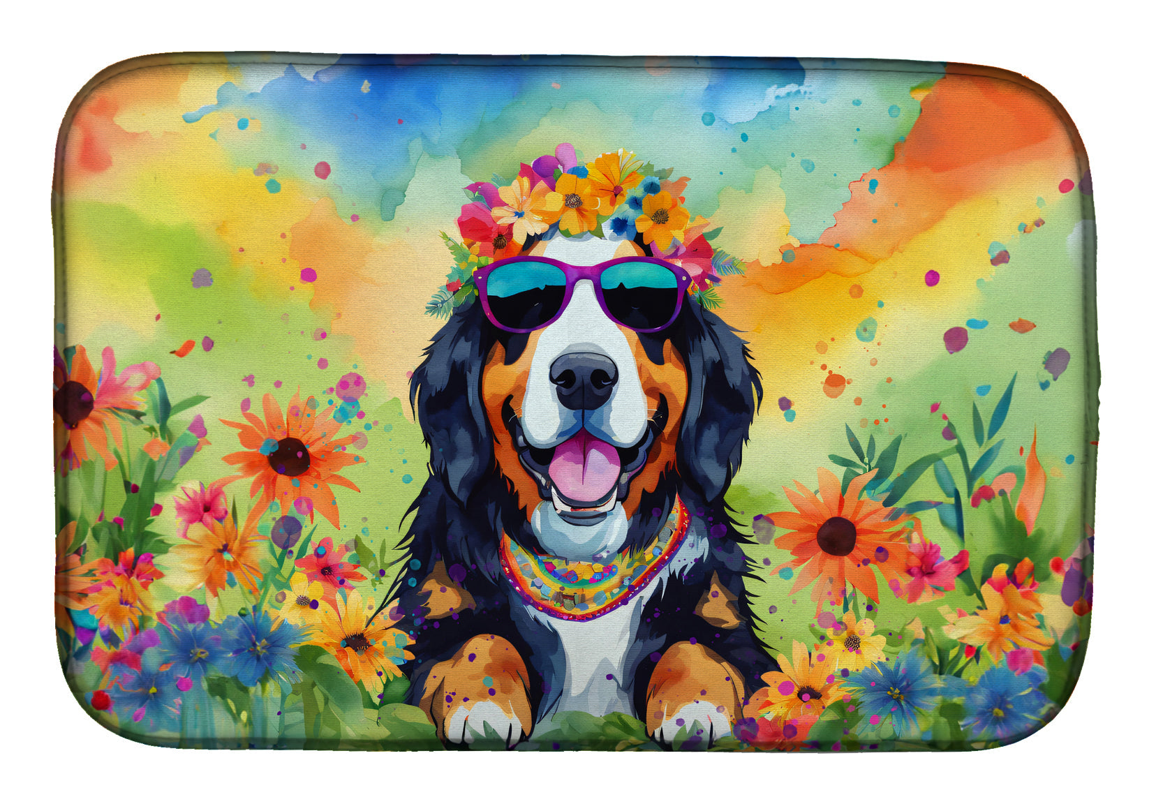 Bernese Mountain Dog Hippie Dawg Dish Drying Mat Absorbent Dish Drying Mat Pad for Kitchen Counter Dish Drainer Mat for Countertop, 14 x 21", Multicolor