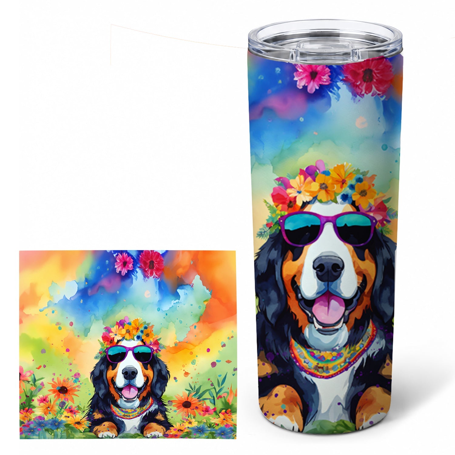 Bernese Mountain Dog Hippie Dawg Stainless Steel Skinny Tumbler 20 oz Vacuum Double Walled Reusable Insulated Travel Cup