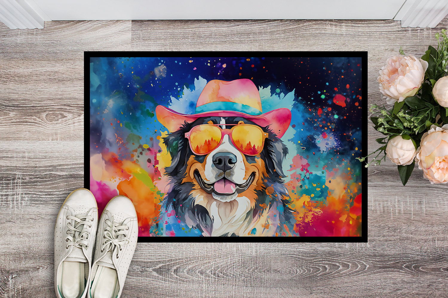 Bernese Mountain Dog Hippie Dawg Doormat Indoor Outdoor 24H X 36W Front Door Mat Rugs for Entryway, Non Slip Washable Low Pile,
