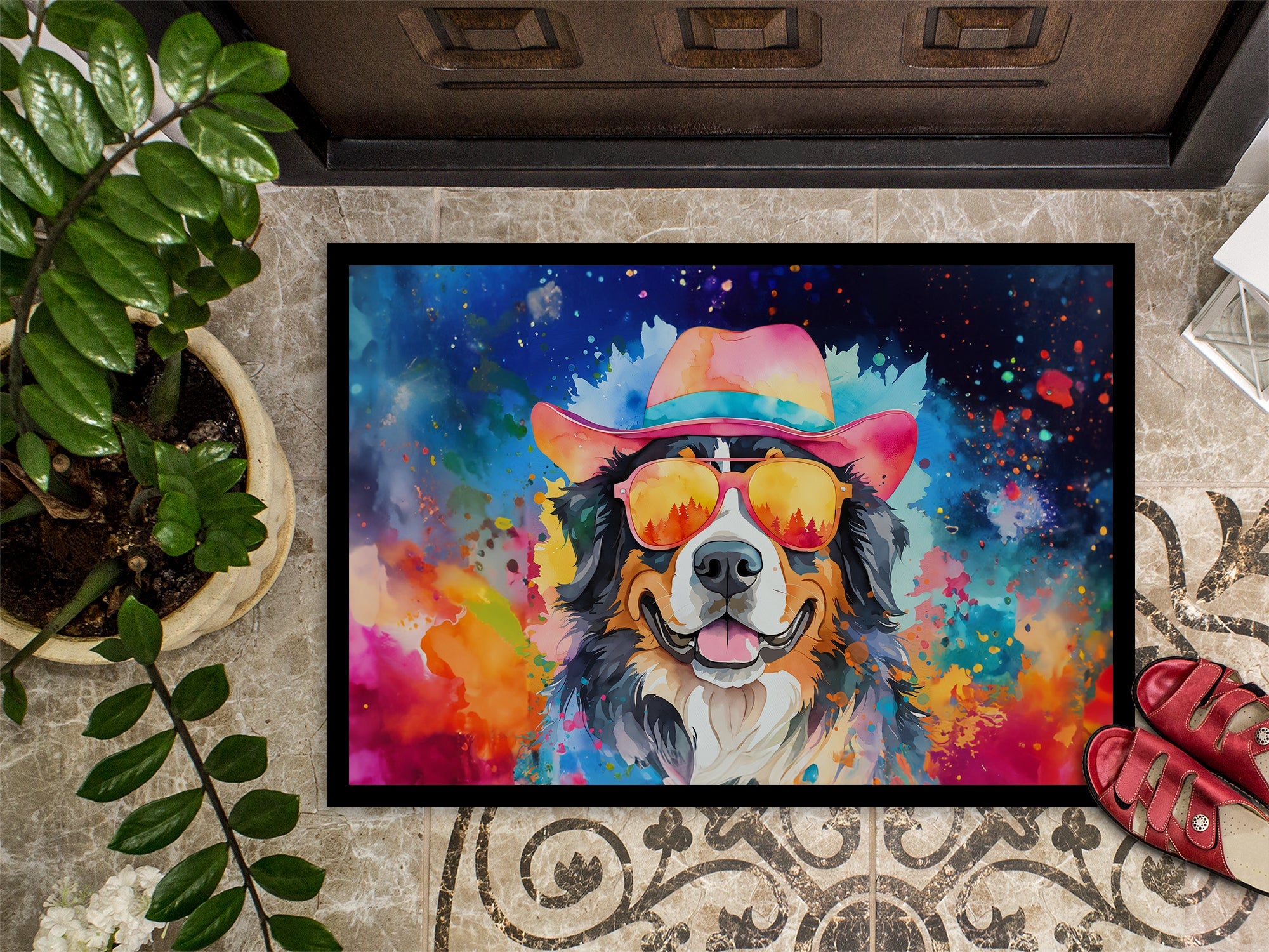 Bernese Mountain Dog Hippie Dawg Doormat Indoor Outdoor 24H X 36W Front Door Mat Rugs for Entryway, Non Slip Washable Low Pile,