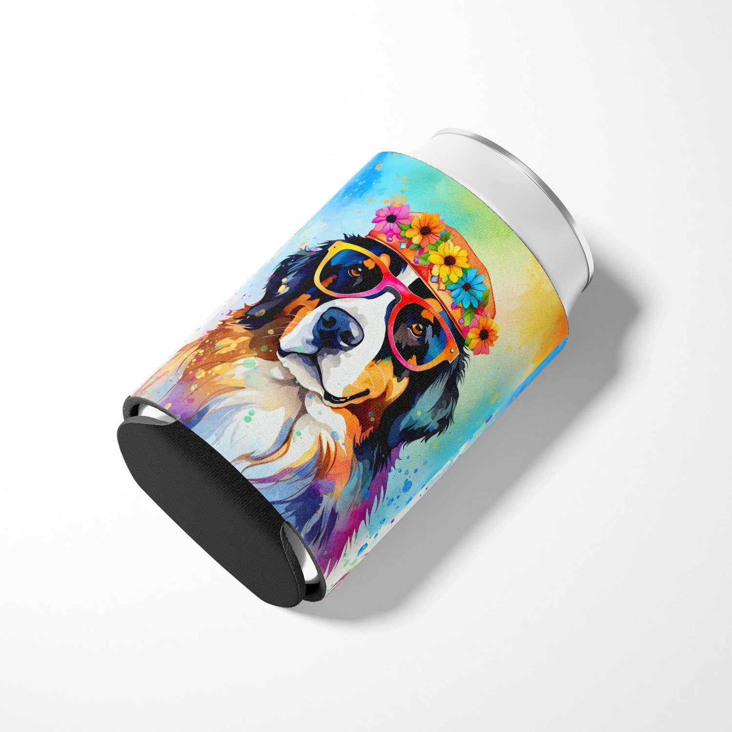 Bernese Mountain Dog Hippie Dawg Can or Bottle Hugger Cooler Sleeve for Standard 12 oz Cans, Insulated Foam Beer & Soda Can Hugger Reusable