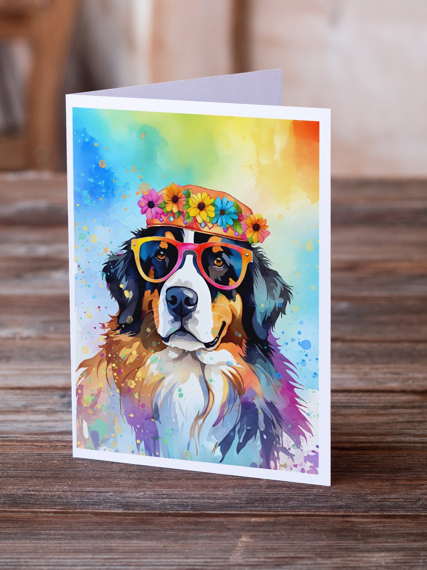 Bernese Mountain Dog Hippie Dawg Greeting Cards Pack of 8 Blank Cards with Envelopes Whimsical A7 Size 5x7