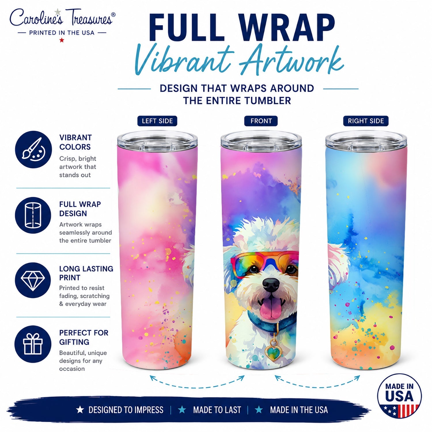 Bichon Frise Hippie Dawg Stainless Steel Skinny Tumbler 20 oz Vacuum Double Walled Reusable Insulated Travel Cup