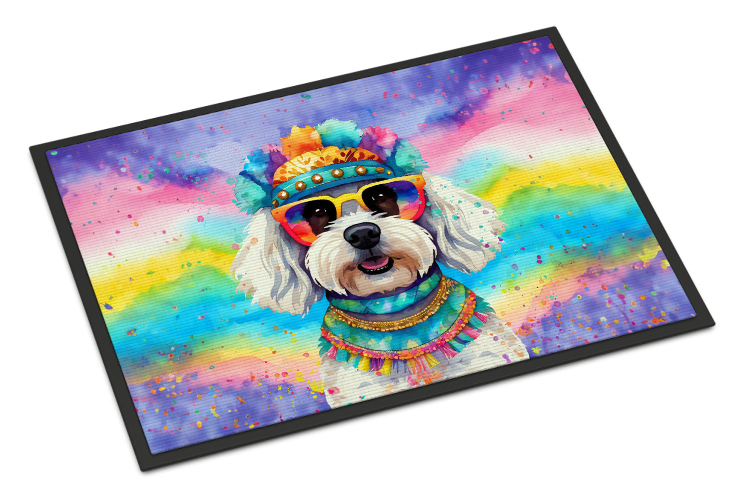 Bichon Frise Hippie Dawg Doormat Indoor Outdoor 18H X 27W Front Door Mat Rugs for Entryway, Non Slip Washable