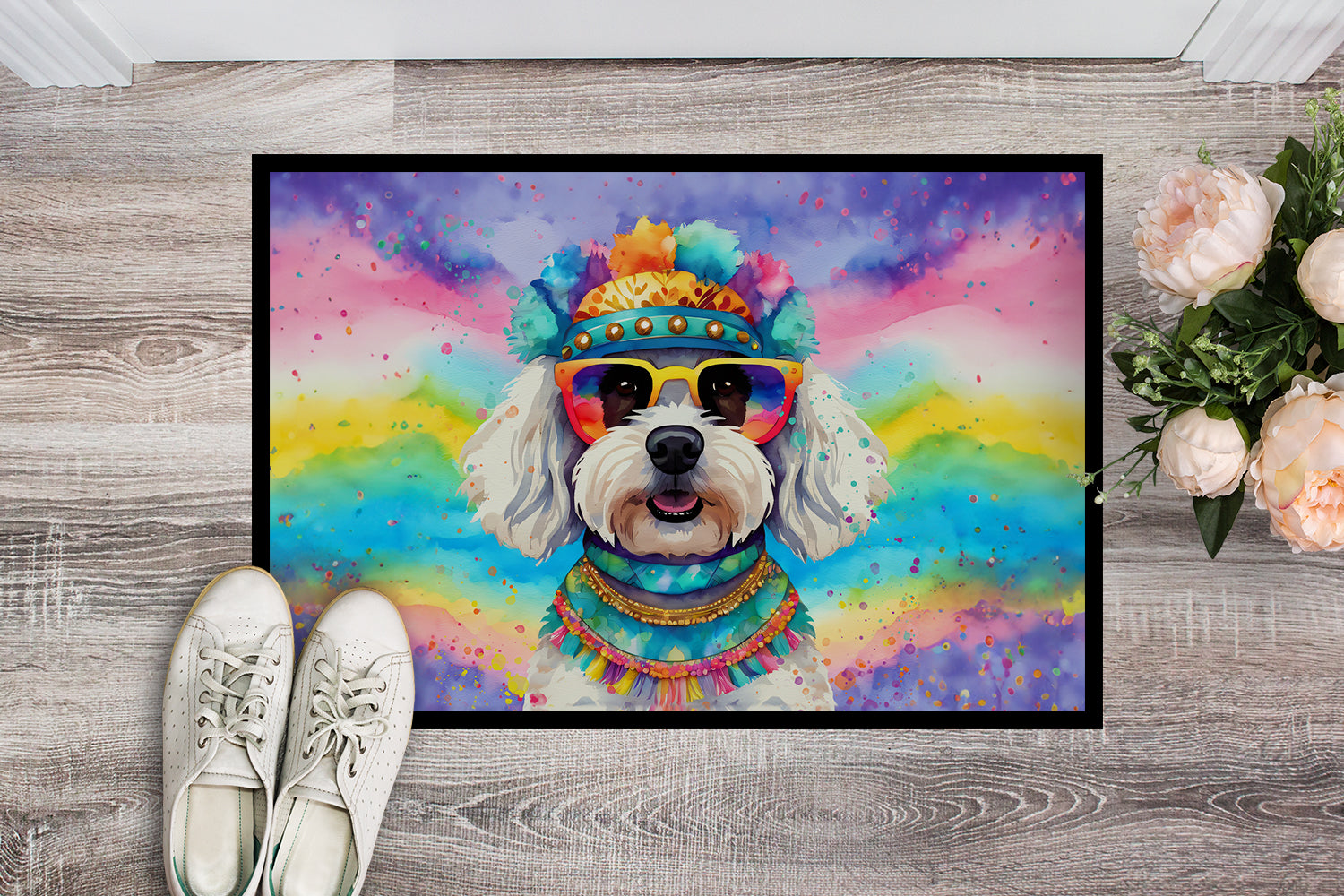 Bichon Frise Hippie Dawg Doormat Indoor Outdoor 18H X 27W Front Door Mat Rugs for Entryway, Non Slip Washable