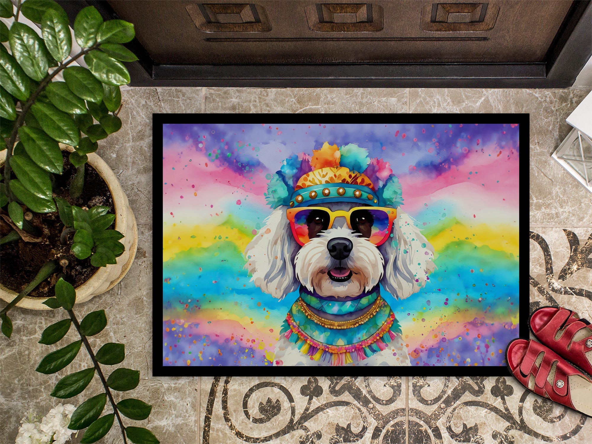 Bichon Frise Hippie Dawg Doormat Indoor Outdoor 18H X 27W Front Door Mat Rugs for Entryway, Non Slip Washable