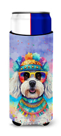 Bichon Frise Hippie Dawg Slim Can Hugger , Insulated Foam Hugger for 12 oz Slim Cans, Beer Bottles & Water Bottles, Printed in USA