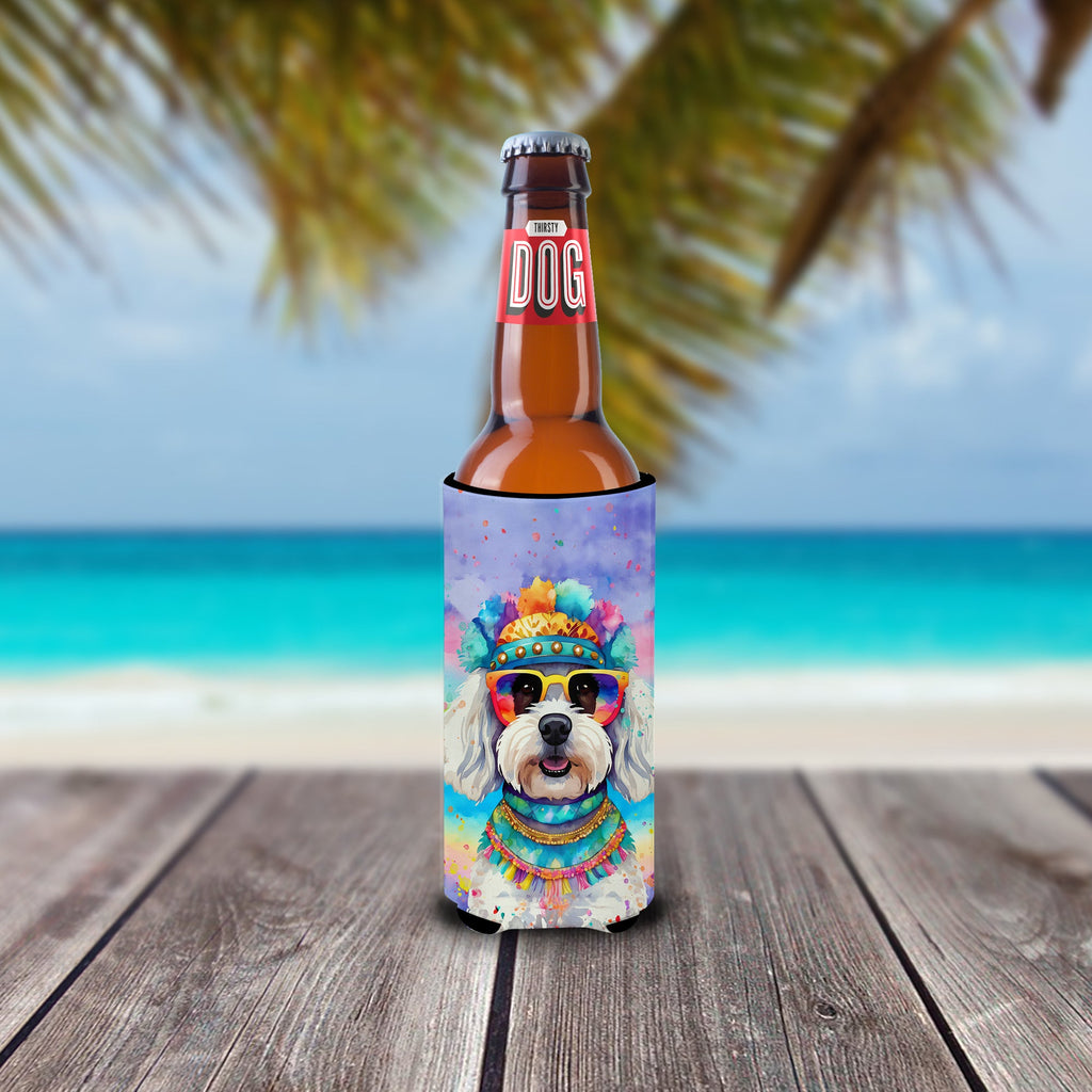 Bichon Frise Hippie Dawg Slim Can Hugger , Insulated Foam Hugger for 12 oz Slim Cans, Beer Bottles & Water Bottles, Printed in USA
