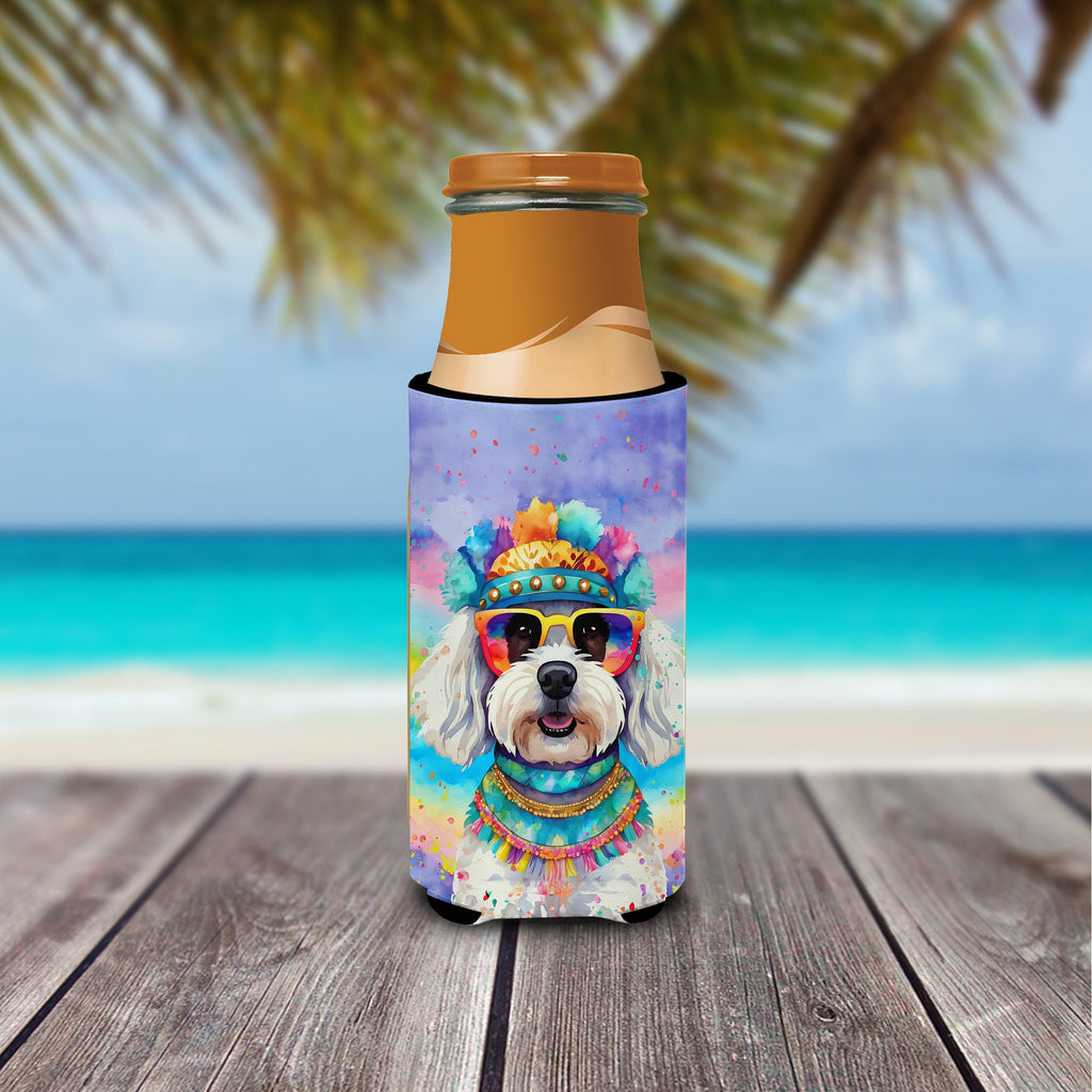 Bichon Frise Hippie Dawg Slim Can Hugger , Insulated Foam Hugger for 12 oz Slim Cans, Beer Bottles & Water Bottles, Printed in USA