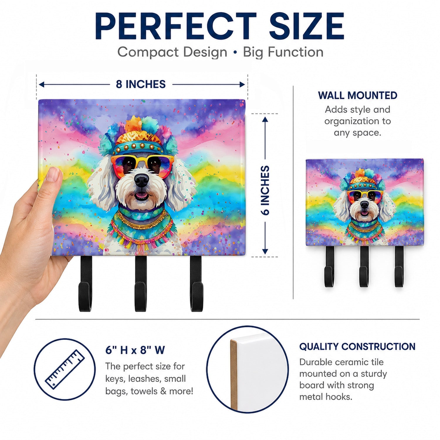 Bichon Frise Hippie Dawg Leash or Key Holder Wall Hooks, Coat Rack Wall Mount, for Hanging Keys, Towels, Aprons, Leashes