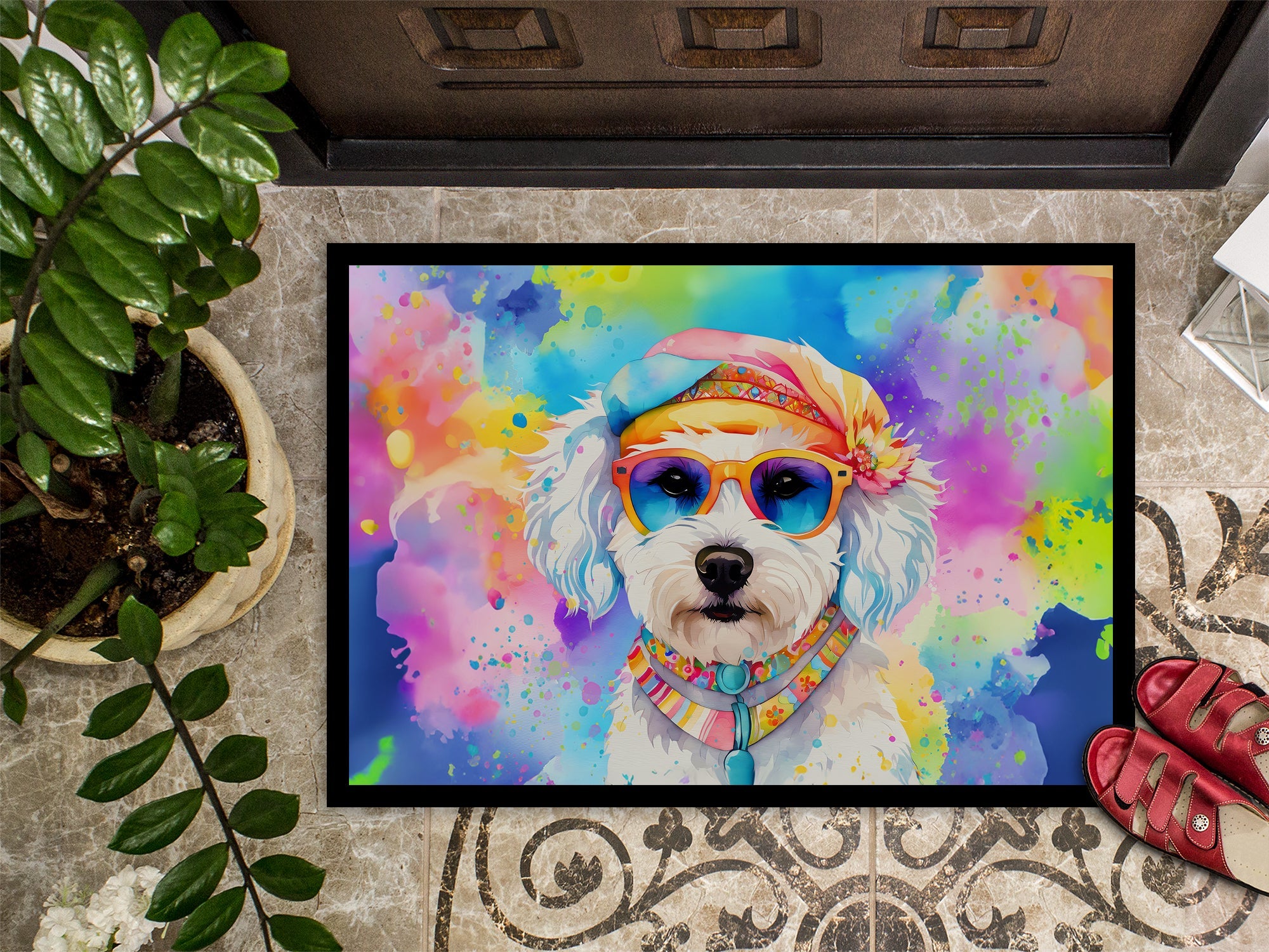 Bichon Frise Hippie Dawg Doormat Indoor Outdoor 24H X 36W Front Door Mat Rugs for Entryway, Non Slip Washable Low Pile,